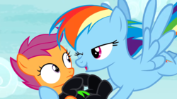 Size: 1920x1080 | Tagged: safe, screencap, rainbow dash, scootaloo, g4, the washouts (episode), bedroom eyes, clothes, lidded eyes, one eye closed, out of context, uniform, washouts uniform, wink