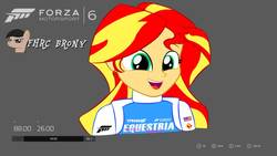 Size: 1440x810 | Tagged: safe, artist:forzaveteranenigma, sunset shimmer, fanfic:equestria motorsports, equestria girls, g4, forza motorsport 6, racing suit