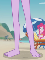 Size: 1589x2100 | Tagged: safe, edit, edited screencap, screencap, pinkie pie, sci-twi, twilight sparkle, equestria girls, friendship math, g4, my little pony equestria girls: better together, barefoot, beach, clothes, cropped, feet, legs, one-piece swimsuit, pictures of legs, pinkie pie swimsuit, sand, swimsuit