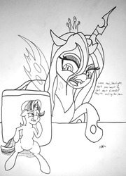 Size: 2328x3232 | Tagged: safe, artist:novaspark, queen chrysalis, starlight glimmer, changeling, changeling queen, g4, dialogue, female, high res, hunted, imminent vore, implied vore, inktober, macro, micro, monochrome, scared, voretober