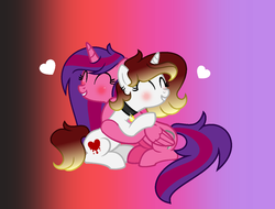 Size: 1270x964 | Tagged: safe, artist:darbypop1, oc, oc only, oc:alyssa rice, oc:destiny blood, alicorn, pony, unicorn, collar, duo, eyes closed, female, gradient background, hug, mare