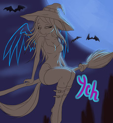 Size: 1500x1641 | Tagged: safe, artist:derpifecalus, bat, anthro, advertisement, breasts, broom, clothes, commission, female, flying, flying broomstick, full moon, hat, moon, solo, tail, wings, witch, witch hat, your character here