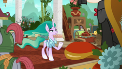 Size: 1280x720 | Tagged: safe, screencap, mistmane, sable spirit, pony, unicorn, campfire tales, g4, armor, bamboo, butt, clothes, curved horn, displeased, ethereal mane, ethereal tail, female, flowing mane, flowing tail, horn, lidded eyes, mare, mistmane is not amused, palace, plot, raised eyebrows, raised hoof, sarcasm, solo focus, throne, throne room, unamused, unimpressed, young, young mistmane, young sable spirit, younger