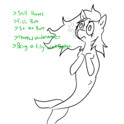 Size: 1000x1000 | Tagged: safe, oc, oc only, oc:filly anon, merpony, sea pony, bubble, female, filly, greentext, mistakes were made, simple background, solo, species swap, text, unhappy