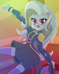 Size: 1000x1250 | Tagged: safe, artist:rockset, trixie, human, equestria girls, g4, my little pony equestria girls: better together, street magic with trixie, barrette, blurry background, clothes, cute, diatrixes, dressing, epaulettes, female, hairclip, hairpin, hat, jacket, looking at you, open mouth, smiling, socks, solo, stockings, thigh highs, top hat, zettai ryouiki