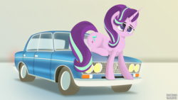Size: 5120x2880 | Tagged: safe, artist:just rusya, starlight glimmer, g4, car, simple background, sitting, smiling, vehicle