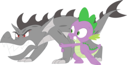 Size: 3570x1844 | Tagged: safe, artist:porygon2z, spike, oc, oc:draco axel, dragon, g4, angry, duo, duo male, gritted teeth, male, sharp teeth, simple background, teeth, transparent background, vector