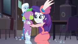 Size: 1280x720 | Tagged: safe, screencap, rarity, spike, spike the regular dog, trixie, dog, equestria girls, g4, my little pony equestria girls: better together, rarity investigates: the case of the bedazzled boot, rarity investigates: the case of the bedazzled boot: trixie, bedazzled boot, clothes, dress, feather, female, hat, long dress, long skirt, male, pillbox hat, skirt