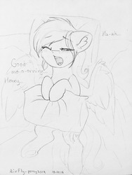 Size: 960x1280 | Tagged: dead source, safe, artist:airfly-pony, oc, oc only, oc:scarlett drop, pegasus, pony, rcf community, bed, cute, dialogue, female, lineart, looking at you, mare, morning ponies, pillow, solo, traditional art, yawn