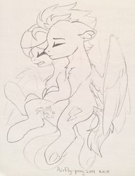 Size: 984x1280 | Tagged: dead source, safe, artist:airfly-pony, oc, oc only, oc:scarlett drop, oc:wing hurricane, rcf community, crying, cute, hug, lineart, scarricane, shipping, traditional art