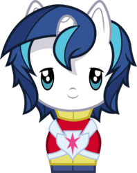 Size: 3000x3789 | Tagged: safe, artist:cloudy glow, shining armor, pony, unicorn, g4, chibi, clothes, cute, cutie mark crew, high res, lidded eyes, looking at you, male, shining adorable, simple background, smiling, solo, stallion, toy, transparent background