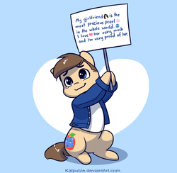 Size: 1413x1379 | Tagged: safe, artist:katputze, oc, oc only, oc:applewolf, pony, clothes, commission, crying, cute, male, ocbetes, sign, smiling, solo, stallion, tears of joy, wholesome, ych result