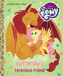 Size: 580x700 | Tagged: safe, fluttershy, manticore, fluttershy's ferocious friend!, g4, official, book, book cover, cover, cuddling, cute, happy, heart, hug, little golden book, merchandise, my little pony logo, smiling