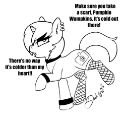 Size: 2000x2000 | Tagged: safe, artist:lildooks, starlight glimmer, pony, unicorn, g4, alternate hairstyle, choker, dialogue, ear piercing, earring, edgelight glimmer, fishnet stockings, goth, high res, implied firelight, jewelry, monochrome, ow the edge, piercing, teenage glimmer, teenager