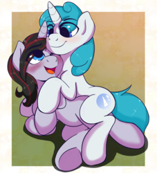 Size: 3195x3511 | Tagged: safe, artist:kyokimute, oc, oc only, oc:ketten moon, oc:quantum shift, pony, unicorn, blushing, cuddling, digital art, high res, hug, male, patreon, patreon reward, simple background, snuggling, stallion