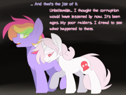 Size: 1237x933 | Tagged: safe, artist:scarletverse, artist:taaffeiite, oc, oc only, oc:aurora borealis, oc:scarlet starlight, pegasus, pony, unicorn, comic:once upon a time, cutie mark, dialogue, duo, female, mare, parent:cyberia starlight, parent:sakura starlight, rainbow hair, scarletverse, simple background