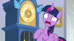 Size: 1280x720 | Tagged: safe, screencap, twilight sparkle, alicorn, pony, g4, school raze, clock, female, solo, twilight sparkle (alicorn)