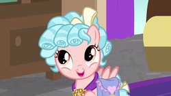 Size: 1280x720 | Tagged: safe, screencap, cozy glow, pegasus, pony, g4, school raze, bow, cozybetes, cute, facade, female, filly, jewelry, looking up, necklace, saddle bag, solo