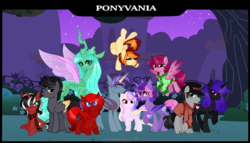 Size: 2480x1414 | Tagged: safe, artist:nekomellow, oc, oc:cinnamon music, oc:count patagium, oc:dream catcher (nekomellow), oc:eldin, oc:hatter, oc:little red, oc:nova, bat pony, changeling, pegasus, pony, unicorn, bat pony oc, changeling oc, cinnagium, group photo