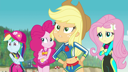 Size: 1920x1080 | Tagged: safe, screencap, applejack, fluttershy, pinkie pie, rainbow dash, equestria girls, equestria girls specials, g4, my little pony equestria girls: forgotten friendship, angry, applejack's beach shorts swimsuit, beach, beach shorts swimsuit, belly button, cap, clothes, crossed arms, cute, female, geode of empathy, geode of fauna, geode of shielding, geode of sugar bombs, geode of super speed, geode of super strength, geode of telekinesis, hat, magical geodes, midriff, one-piece swimsuit, pinkie pie's beach shorts swimsuit, rainbow dash's beach shorts swimsuit, sexy, shyabetes, sleeveless, swimsuit, tree, wetsuit