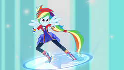Size: 1920x1080 | Tagged: safe, screencap, rainbow dash, equestria girls, equestria girls series, forgotten friendship, g4, clothes, female, leggings, ponied up, ponytail, shoes, sneakers, solo, super sentai stance, wings