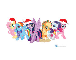 Size: 725x565 | Tagged: safe, applejack, fluttershy, pinkie pie, rainbow dash, rarity, twilight sparkle, alicorn, pony, g4, my little pony best gift ever, official, christmas, clothes, hat, hearth's warming eve, holiday, mane six, santa hat, scarf, simple background, twilight sparkle (alicorn), white background, winter outfit