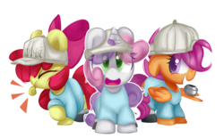 Size: 2900x1800 | Tagged: safe, artist:fluorbaryt, apple bloom, scootaloo, sweetie belle, pony, g4, adorabloom, baseball cap, cap, cells at work, clothes, cute, cutealoo, cutie mark crusaders, diasweetes, hat, platelets, simple background, transparent background, whistle