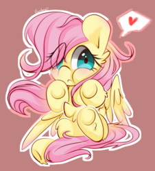 Size: 1609x1776 | Tagged: safe, artist:fluorbaryt, fluttershy, pegasus, pony, g4, blushing, chest fluff, cute, eye clipping through hair, female, filly, filly fluttershy, heart, looking at you, outline, puffy cheeks, shyabetes, simple background, solo, speech bubble, wings, younger