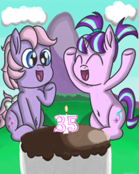 Size: 2400x3000 | Tagged: safe, artist:saburodaimando, baby lickety-split, starlight glimmer, g1, g4, 35th anniversary, belly button, cake, female, filly, filly starlight glimmer, food, g1 to g4, generation leap, happy birthday mlp:fim, high res, younger