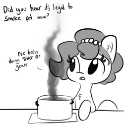 Size: 1280x1280 | Tagged: safe, artist:tjpones, oc, oc only, oc:brownie bun, earth pony, pony, horse wife, chest fluff, dialogue, ear fluff, female, grayscale, implied marijuana, mare, monochrome, offscreen character, pot, pun, simple background, smoke, solo, white background