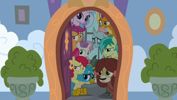 Size: 1280x720 | Tagged: safe, screencap, apple bloom, gallus, ocellus, sandbar, scootaloo, silverstream, smolder, sweetie belle, yona, classical hippogriff, dragon, griffon, hippogriff, pony, unicorn, yak, g4, school raze, bow, cloven hooves, cutie mark crusaders, door, dragoness, female, filly, hair bow, male, monkey swings, student six, teenager