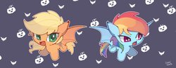 Size: 1346x522 | Tagged: safe, artist:dusty-munji, applejack, rainbow dash, bat pony, pony, g4, bat ponified, cute, dashabetes, female, hnnng, jackabetes, mare, race swap, smiling