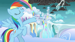 Size: 1280x720 | Tagged: safe, screencap, rainbow dash, pegasus, pony, g4, school raze, cloudsdale, eyes closed, female, mare, smiling, solo, spread wings, wings