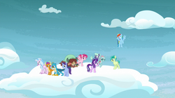 Size: 1280x720 | Tagged: safe, screencap, bifröst, gallus, night view, november rain, ocellus, rainbow dash, sandbar, silverstream, smolder, starlight glimmer, yona, changedling, changeling, classical hippogriff, dragon, earth pony, griffon, hippogriff, pegasus, pony, unicorn, yak, g4, school raze, background pony, bow, cloud, cutie mark, dragoness, eyes closed, female, flying, friendship student, glowing horn, hair bow, hooves, horn, horns, looking down, magic, male, mare, on a cloud, raised hoof, spread wings, stallion, standing on a cloud, student six, teenager, wings