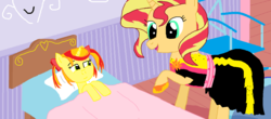 Size: 1600x706 | Tagged: safe, artist:thomaszoey3000, sunset shimmer, oc, oc:sunny rays shimmer, pony, unicorn, g4, bed, chair, clothes, dress