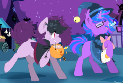 Size: 1705x1161 | Tagged: safe, artist:pixelyte, oc, oc only, oc:spiral swirl, oc:starryeyes, bat, pony, unicorn, vampire, cute, female, filly, hat, magic, mare, nightmare night, witch, witch hat