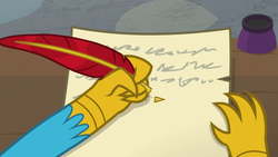 Size: 1280x720 | Tagged: safe, screencap, gallus, griffon, g4, school daze, claws, desk, ink, left handed, male, paper, quill, writing, written equestrian