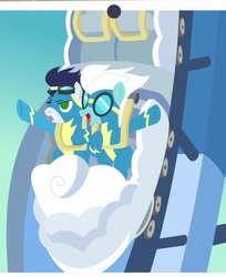 Size: 525x642 | Tagged: safe, screencap, fleetfoot, soarin', pegasus, pony, g4, grannies gone wild, clothes, cropped, duo, female, male, mare, one eye closed, photo, roller coaster, smiling, stallion, uniform, wink, wonderbolts uniform