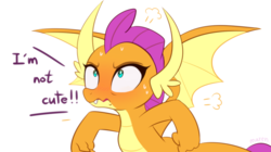 Size: 1200x672 | Tagged: safe, artist:maren, smolder, dragon, g4, blatant lies, blushing, cute, denial's not just a river in egypt, dragoness, female, i'm not cute, simple background, smolderbetes, smoldere, solo, tsundere
