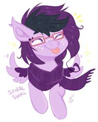 Size: 1353x1693 | Tagged: safe, artist:pixelyte, oc, oc only, oc:spiral swirl, pegasus, pony, :p, clothes, eyes closed, freckles, glasses, scarf, silly, simple background, smiling, solo, spread wings, tongue out, white background, wings