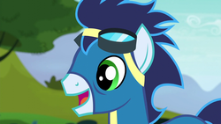 Size: 1280x720 | Tagged: safe, screencap, soarin', pegasus, pony, g4, newbie dash, clothes, cute, male, smiling, solo, uniform, wonderbolts uniform