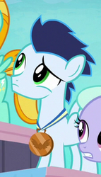 Size: 227x396 | Tagged: safe, screencap, soarin', pegasus, pony, g4, parental glideance, bronze medal, colt, confused, cropped, cute, flashback, foal, frown, green eyes, looking up, male, raised eyebrow, solo focus, younger