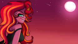 Size: 1280x720 | Tagged: dead source, safe, artist:wubcakeva, sunset shimmer, equestria girls, g4, clothes, fangs, female, looking back, moon, slit pupils, smiling, solo, sunset satan