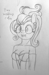 Size: 1440x2180 | Tagged: safe, artist:supra80, fluttershy, anthro, g4, viva las pegasus, :i, breasts, busty fluttershy, clothes, dress, ear piercing, earring, female, jewelry, lipstick, messy hair, pencil drawing, piercing, solo, traditional art, we bought two cakes, wedding dress
