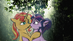 Size: 1920x1080 | Tagged: safe, artist:elisdoominika, sci-twi, sunset shimmer, twilight sparkle, pony, unicorn, g4, duo, equestria girls ponified, female, imminent kissing, lesbian, looking at each other, mare, ponified, rain, ship:sci-twishimmer, ship:sunsetsparkle, shipping, unicorn sci-twi