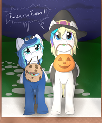 Size: 2500x3000 | Tagged: safe, artist:lionbun, oc, oc only, oc:jewel blue, oc:veleya, pegasus, pony, adorable face, blushing, candy, candy pail, cookie, cookie monster, cute, dialogue, doorstep, duo, fangs, female, filly, food, halloween, halloween costume, hat, high res, holiday, jack-o-lantern, looking at you, mouth hold, ocbetes, offspring, parent:oc:arus, parent:oc:hazy, parents:harus, parents:oc x oc, patreon, patreon reward, pumpkin, pumpkin bucket, speech bubble, trick or treat, witch hat