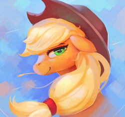 Size: 1100x1036 | Tagged: safe, artist:rodrigues404, applejack, earth pony, pony, g4, clothes, female, floppy ears, freckles, hat, mare, profile, smiling, solo