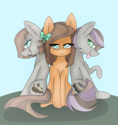 Size: 2668x2819 | Tagged: dead source, safe, artist:awoomarblesoda, oc, oc only, oc:coarse dirt, oc:milk chocolate, oc:sedimentary pie, earth pony, pony, bow, colt, cousins, female, filly, hair bow, high res, male, offspring, parent:cheese sandwich, parent:maud pie, parent:mud briar, parent:pinkie pie, parents:cheesepie, parents:maudbriar, tongue out, trio, unamused