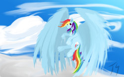 Size: 1024x639 | Tagged: safe, artist:nexsusthelaglyian, rainbow dash, pegasus, pony, g4, female, flying, solo, wings