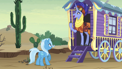 Size: 1280x720 | Tagged: safe, screencap, hoo'far, trixie, g4, road to friendship, duo, messy mane, scratches, trixie's wagon